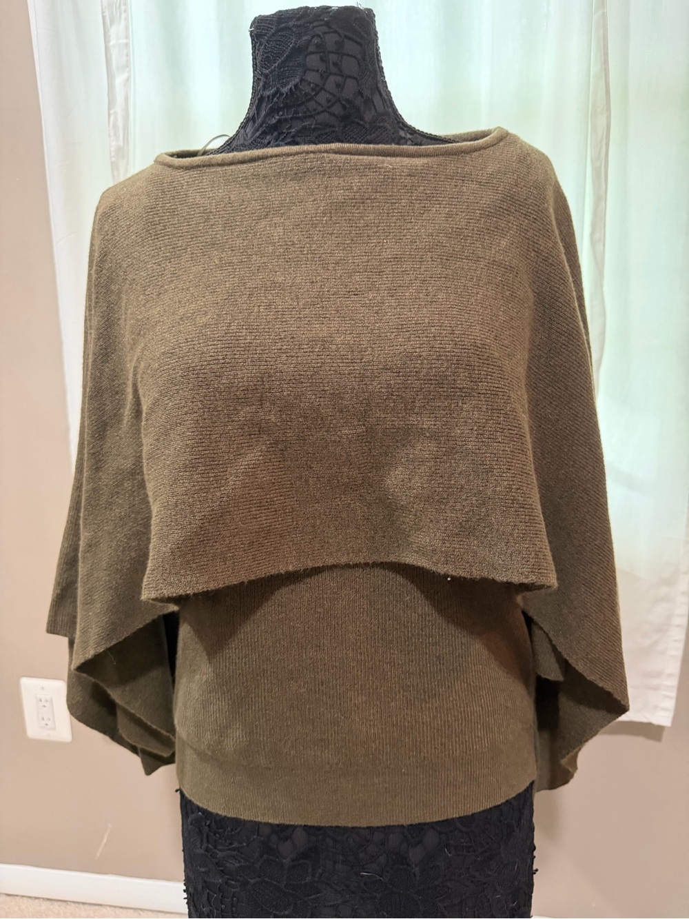 NWT Zara Olive Green Layered Cape Style Knit Women's Sweater Large